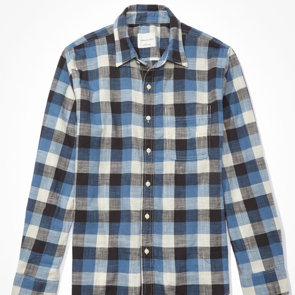 NWT AE Super Soft Everyday Button Up Shirt Blue Plaid XXXL
